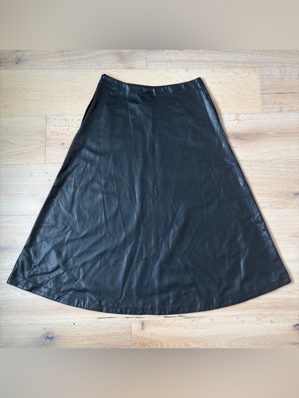 Anthropologie Black Faux Leather Midi Skirt A-Line Sz 14 NWT Vegan High Waist*C1 - Picture 3 of 4